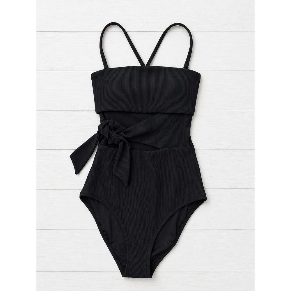 Aerie One Piece Full Coverage Ribbed Tie Front Cutout Summer Swimsuit Black XXS